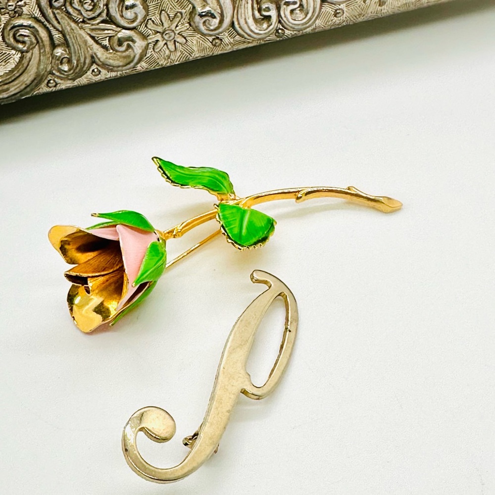 Vintage Rose & Initial P Brooch